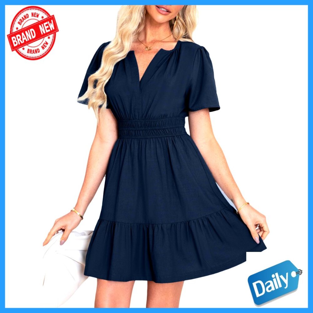 Linen Mini Dress V Neck Empire Waist Flowy Boho Sundress Casual Summer